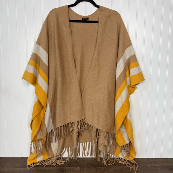 Boho Ruana Poncho Talbots Tan Yellow Fringe Wrap Cozy Fall Layer OS - Picture 3 of 8